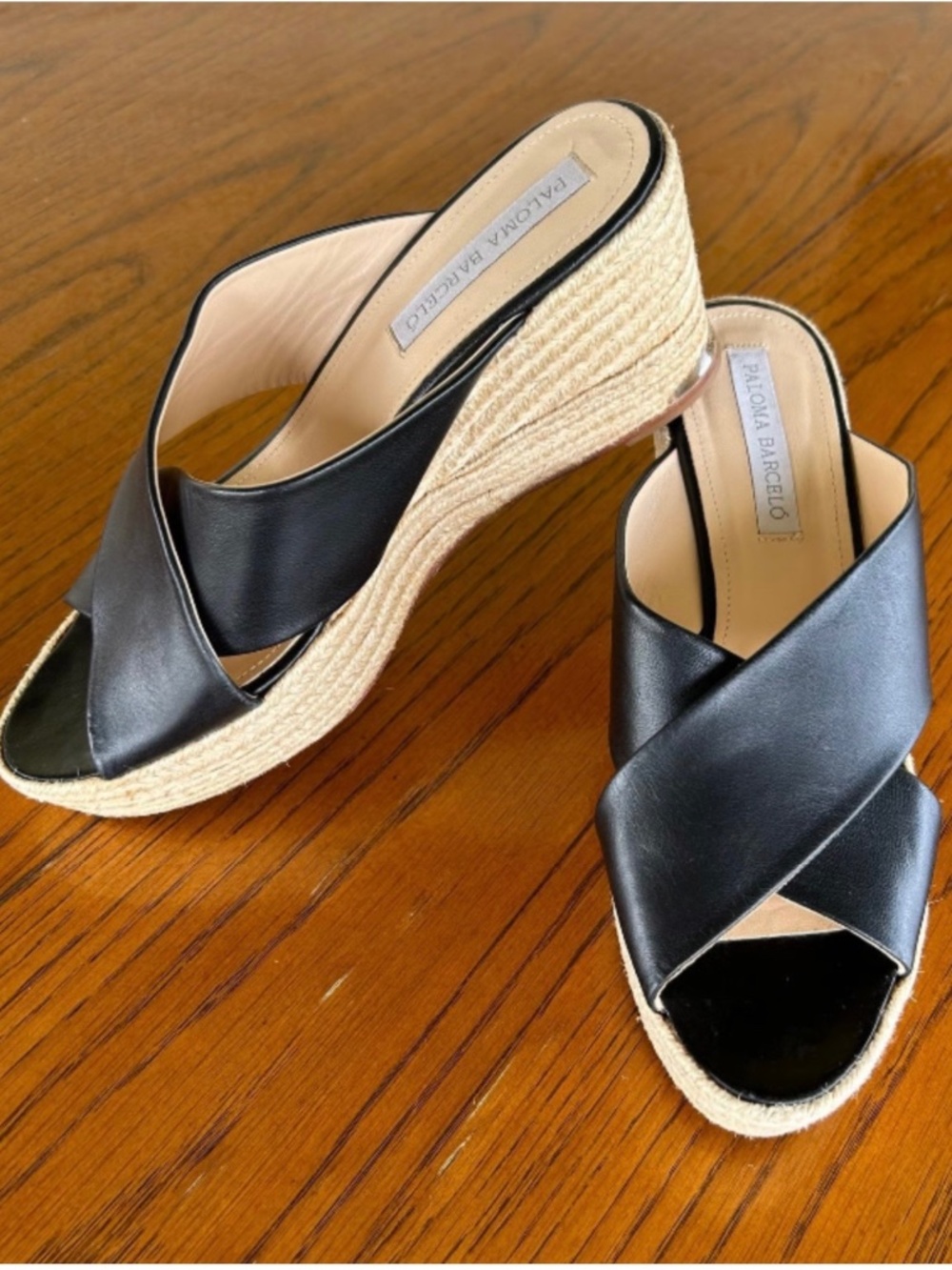 Paloma Barcelo Black Leather Wedge Espadrille Sandals Size 40